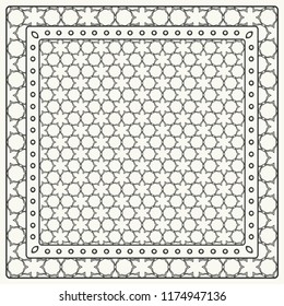 Black and white abstract graphic pattern. Geometric ornament with frame, border. Line art, lace, embroidery background. Bandanna, shawl, scarf, tablecloth design for textile fabric print