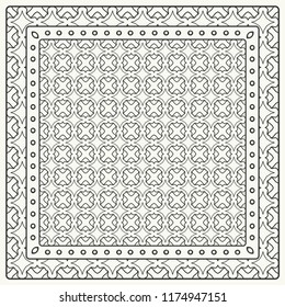 Black and white abstract graphic pattern. Geometric ornament with frame, border. Line art, lace, embroidery background. Bandanna, shawl, scarf, tablecloth design for textile fabric print