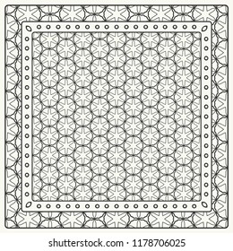 Black and white abstract graphic pattern. Geometric ornament with frame, border. Line art, lace, embroidery background. Bandanna, shawl, scarf, tablecloth design for textile fabric print