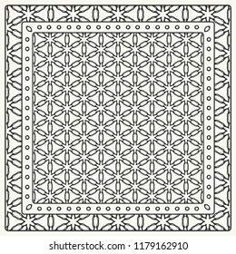 Black and white abstract graphic pattern. Geometric ornament with frame, border. Line art, lace, embroidery background. Bandanna, shawl, scarf, tablecloth design for textile fabric print