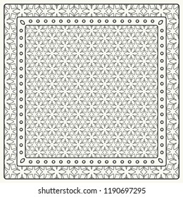 Black and white abstract graphic pattern. Geometric ornament with frame, border. Line art, lace, embroidery background. Bandanna, shawl, scarf, tablecloth design for textile fabric print