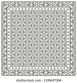 Black and white abstract graphic pattern. Geometric ornament with frame, border. Line art, lace, embroidery background. Bandanna, shawl, scarf, tablecloth design for textile fabric print