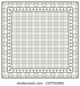 Black and white abstract graphic pattern. Geometric ornament with frame, border. Line art, lace, embroidery background. Bandanna, shawl, scarf, tablecloth design for textile fabric print