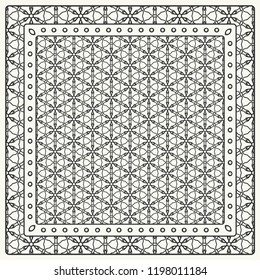 Black and white abstract graphic pattern. Geometric ornament with frame, border. Line art, lace, embroidery background. Bandanna, shawl, scarf, tablecloth design for textile fabric print