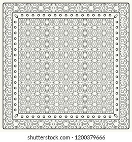 Black and white abstract graphic pattern. Geometric ornament with frame, border. Line art, lace, embroidery background. Bandanna, shawl, scarf, tablecloth design for textile fabric print