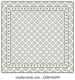 Black and white abstract graphic pattern. Geometric ornament with frame, border. Line art, lace, embroidery background. Bandanna, shawl, scarf, tablecloth design for textile fabric print
