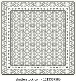 Black and white abstract graphic pattern. Geometric ornament with frame, border. Line art, lace, embroidery background. Bandanna, shawl, scarf, tablecloth design for textile fabric print