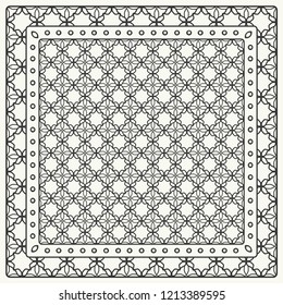 Black and white abstract graphic pattern. Geometric ornament with frame, border. Line art, lace, embroidery background. Bandanna, shawl, scarf, tablecloth design for textile fabric print