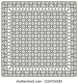 Black and white abstract graphic pattern. Geometric ornament with frame, border. Line art, lace, embroidery background. Bandanna, shawl, scarf, tablecloth design for textile fabric print