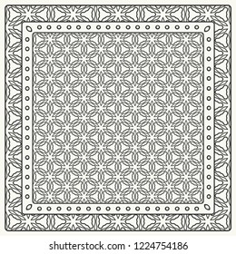 Black and white abstract graphic pattern. Geometric ornament with frame, border. Line art, lace, embroidery background. Bandanna, shawl, scarf, tablecloth design for textile fabric print