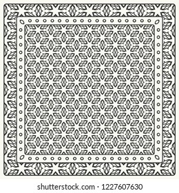 Black and white abstract graphic pattern. Geometric ornament with frame, border. Line art, lace, embroidery background. Bandanna, shawl, scarf, tablecloth design for textile fabric print