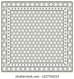 Black and white abstract graphic pattern. Geometric ornament with frame, border. Line art, lace, embroidery background. Bandanna, shawl, scarf, tablecloth design for textile fabric print