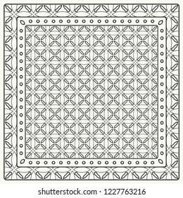 Black and white abstract graphic pattern. Geometric ornament with frame, border. Line art, lace, embroidery background. Bandanna, shawl, scarf, tablecloth design for textile fabric print