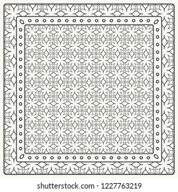 Black and white abstract graphic pattern. Geometric ornament with frame, border. Line art, lace, embroidery background. Bandanna, shawl, scarf, tablecloth design for textile fabric print