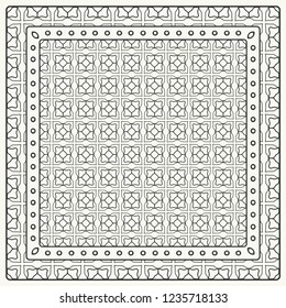 Black and white abstract graphic pattern. Geometric ornament with frame, border. Line art, lace, embroidery background. Bandanna, shawl, scarf, tablecloth design for textile fabric print