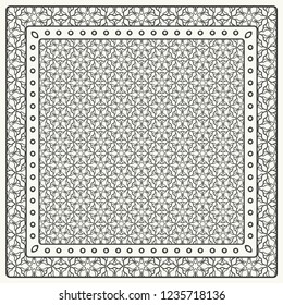 Black and white abstract graphic pattern. Geometric ornament with frame, border. Line art, lace, embroidery background. Bandanna, shawl, scarf, tablecloth design for textile fabric print