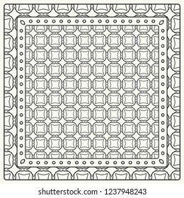 Black and white abstract graphic pattern. Geometric ornament with frame, border. Line art, lace, embroidery background. Bandanna, shawl, scarf, tablecloth design for textile fabric print