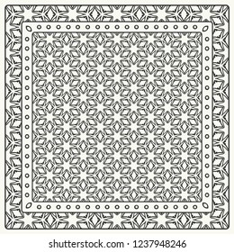 Black and white abstract graphic pattern. Geometric ornament with frame, border. Line art, lace, embroidery background. Bandanna, shawl, scarf, tablecloth design for textile fabric print