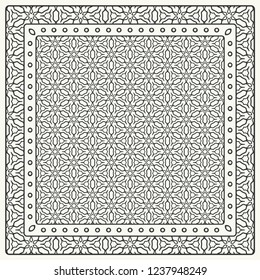Black and white abstract graphic pattern. Geometric ornament with frame, border. Line art, lace, embroidery background. Bandanna, shawl, scarf, tablecloth design for textile fabric print