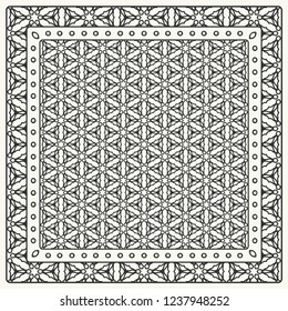 Black and white abstract graphic pattern. Geometric ornament with frame, border. Line art, lace, embroidery background. Bandanna, shawl, scarf, tablecloth design for textile fabric print