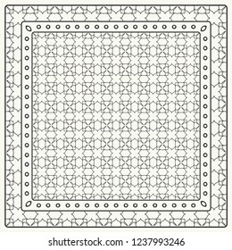 Black and white abstract graphic pattern. Geometric ornament with frame, border. Line art, lace, embroidery background. Bandanna, shawl, scarf, tablecloth design for textile fabric print