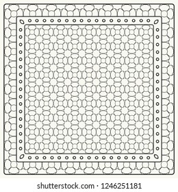 Black and white abstract graphic pattern. Geometric ornament with frame, border. Line art, lace, embroidery background. Bandanna, shawl, scarf, tablecloth design for textile fabric print