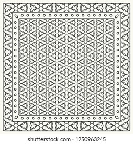 Black and white abstract graphic pattern. Geometric ornament with frame, border. Line art, lace, embroidery background. Bandanna, shawl, scarf, tablecloth design for textile fabric print