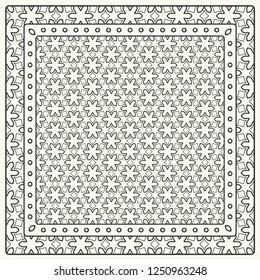 Black and white abstract graphic pattern. Geometric ornament with frame, border. Line art, lace, embroidery background. Bandanna, shawl, scarf, tablecloth design for textile fabric print