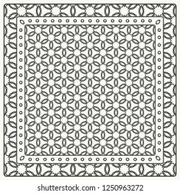 Black and white abstract graphic pattern. Geometric ornament with frame, border. Line art, lace, embroidery background. Bandanna, shawl, scarf, tablecloth design for textile fabric print