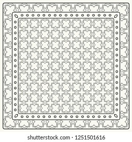 Black and white abstract graphic pattern. Geometric ornament with frame, border. Line art, lace, embroidery background. Bandanna, shawl, scarf, tablecloth design for textile fabric print