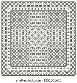 Black and white abstract graphic pattern. Geometric ornament with frame, border. Line art, lace, embroidery background. Bandanna, shawl, scarf, tablecloth design for textile fabric print