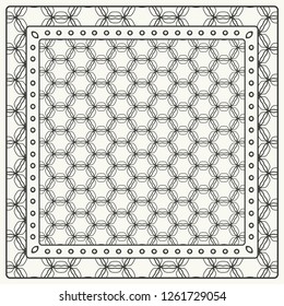 Black and white abstract graphic pattern. Geometric ornament with frame, border. Line art, lace, embroidery background. Bandanna, shawl, scarf, tablecloth design for textile fabric print