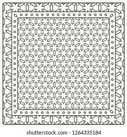 Black and white abstract graphic pattern. Geometric ornament with frame, border. Line art, lace, embroidery background. Bandanna, shawl, scarf, tablecloth design for textile fabric print