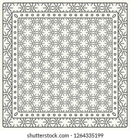 Black and white abstract graphic pattern. Geometric ornament with frame, border. Line art, lace, embroidery background. Bandanna, shawl, scarf, tablecloth design for textile fabric print