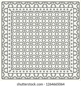 Black and white abstract graphic pattern. Geometric ornament with frame, border. Line art, lace, embroidery background. Bandanna, shawl, scarf, tablecloth design for textile fabric print