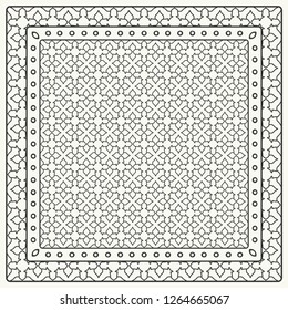 Black and white abstract graphic pattern. Geometric ornament with frame, border. Line art, lace, embroidery background. Bandanna, shawl, scarf, tablecloth design for textile fabric print