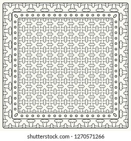 Black and white abstract graphic pattern. Geometric ornament with frame, border. Line art, lace, embroidery background. Bandanna, shawl, scarf, tablecloth design for textile fabric print