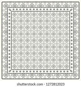 Black and white abstract graphic pattern. Geometric ornament with frame, border. Line art, lace, embroidery background. Bandanna, shawl, scarf, tablecloth design for textile fabric print