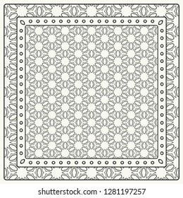 Black and white abstract graphic pattern. Geometric ornament with frame, border. Line art, lace, embroidery background. Bandanna, shawl, scarf, tablecloth design for textile fabric print