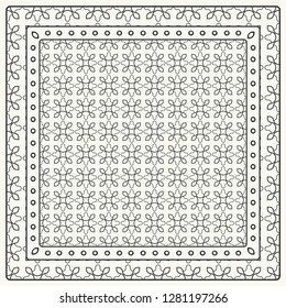 Black and white abstract graphic pattern. Geometric ornament with frame, border. Line art, lace, embroidery background. Bandanna, shawl, scarf, tablecloth design for textile fabric print