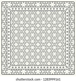 Black and white abstract graphic pattern. Geometric ornament with frame, border. Line art, lace, embroidery background. Bandanna, shawl, scarf, tablecloth design for textile fabric print