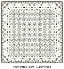 Black and white abstract graphic pattern. Geometric ornament with frame, border. Line art, lace, embroidery background. Bandanna, shawl, scarf, tablecloth design for textile fabric print