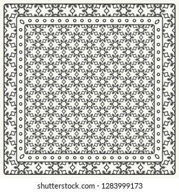 Black and white abstract graphic pattern. Geometric ornament with frame, border. Line art, lace, embroidery background. Bandanna, shawl, scarf, tablecloth design for textile fabric print