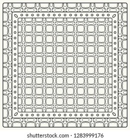 Black and white abstract graphic pattern. Geometric ornament with frame, border. Line art, lace, embroidery background. Bandanna, shawl, scarf, tablecloth design for textile fabric print