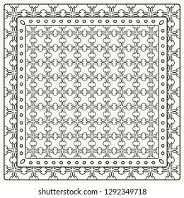 Black and white abstract graphic pattern. Geometric ornament with frame, border. Line art, lace, embroidery background. Bandanna, shawl, scarf, tablecloth design for textile fabric print