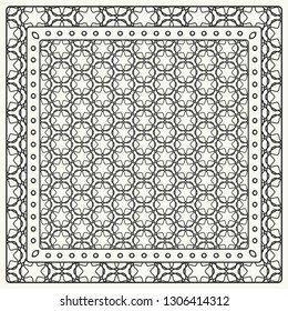 Black and white abstract graphic pattern. Geometric ornament with frame, border. Line art, lace, embroidery background. Bandanna, shawl, scarf, tablecloth design for textile fabric print