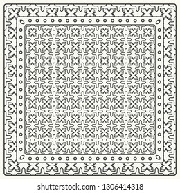 Black and white abstract graphic pattern. Geometric ornament with frame, border. Line art, lace, embroidery background. Bandanna, shawl, scarf, tablecloth design for textile fabric print