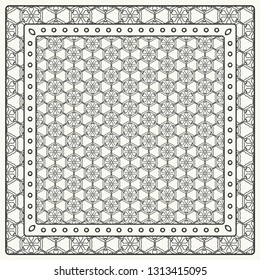Black and white abstract graphic pattern. Geometric ornament with frame, border. Line art, lace, embroidery background. Bandanna, shawl, scarf, tablecloth design for textile fabric print