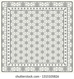 Black and white abstract graphic pattern. Geometric ornament with frame, border. Line art, lace, embroidery background. Bandanna, shawl, scarf, tablecloth design for textile fabric print