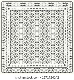 Black and white abstract graphic pattern. Geometric ornament with frame, border. Line art, lace, embroidery background. Bandanna, shawl, scarf, tablecloth design for textile fabric print